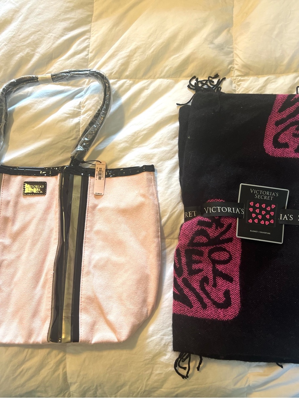 Victoria's Secret Pink and Black Tote with Gloss Trim and Knit Blanket